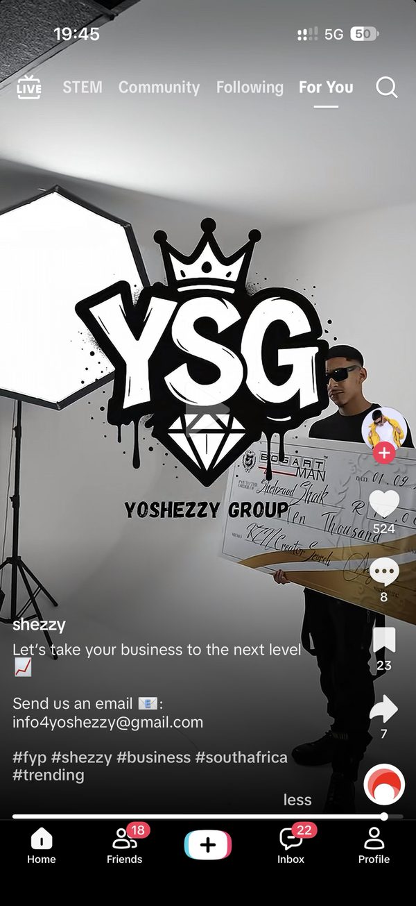 Shezzy's TikTok post: 'Let's take your business to the next level' with the YSG logo